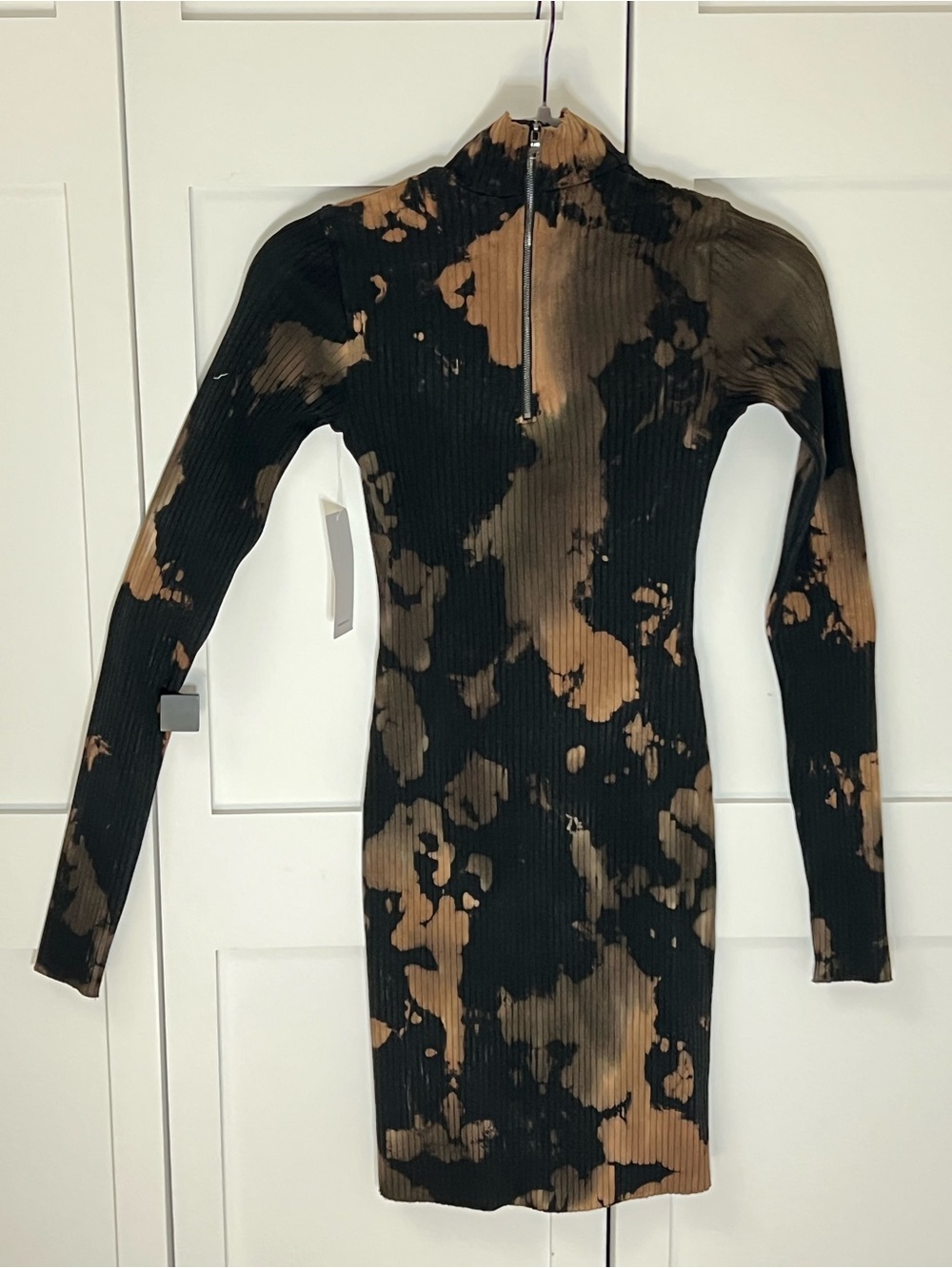Cotton Citizen Black and Brown Tie-Dye Ribbed Zip-Front Long Sleeve Dress